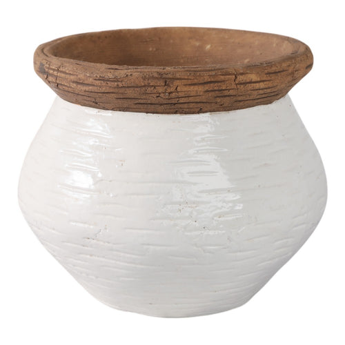 Tapered Urn Planter | Textured White | Tan Brown Rim | Terracotta 8"