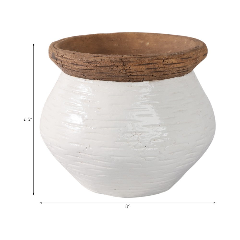 Tapered Urn Planter | Textured White | Tan Brown Rim | Terracotta 8"
