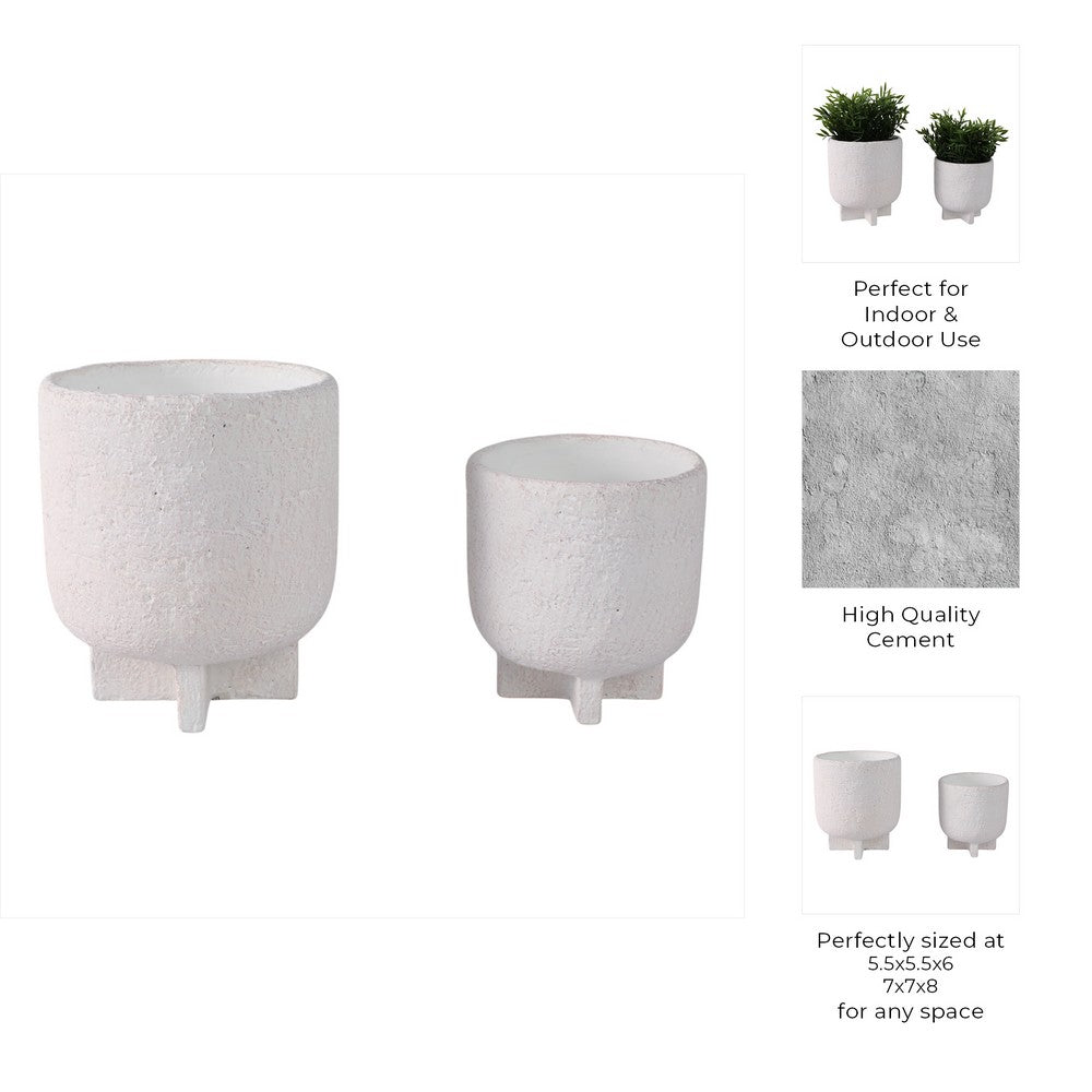 Ivey Round Planters Set of 2 | Raised Foot Base | White Textured Cement