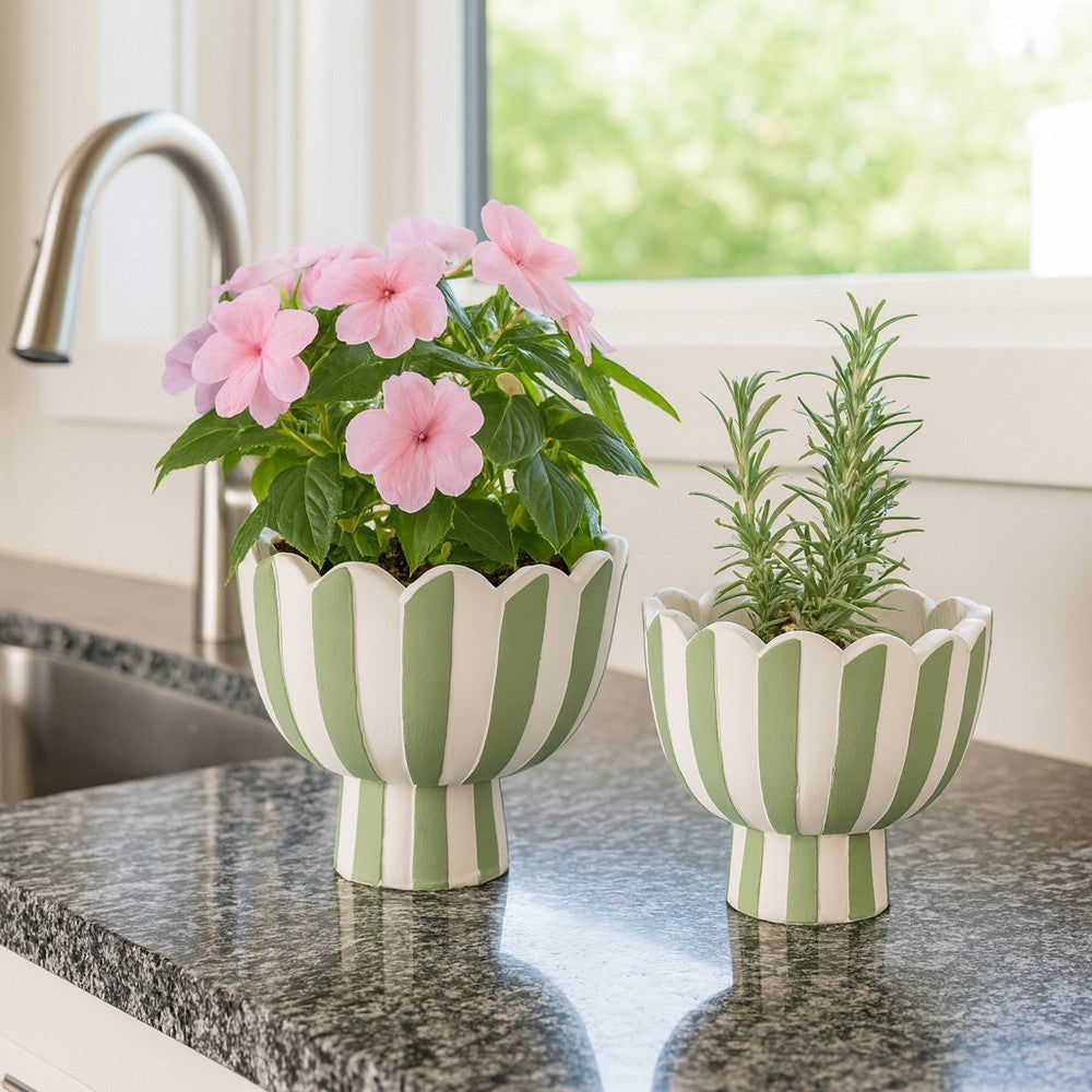Outdoor Planters Set of 2 | Scallop Edge | Green & White Stripes | Cement