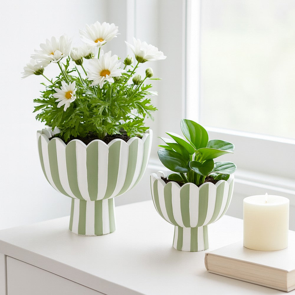 Outdoor Planters Set of 2 | Scallop Edge | Green & White Stripes | Cement