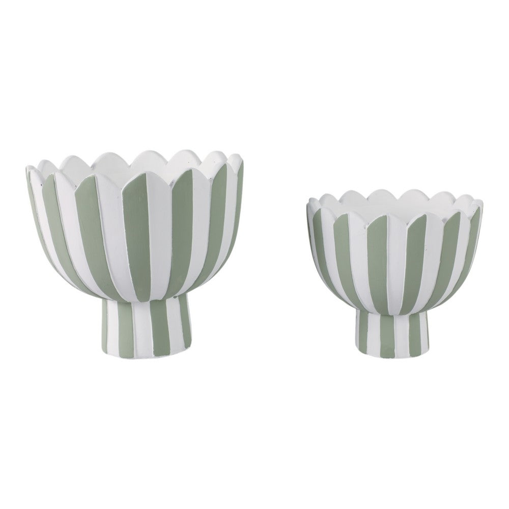 Outdoor Planters Set of 2 | Scallop Edge | Green & White Stripes | Cement
