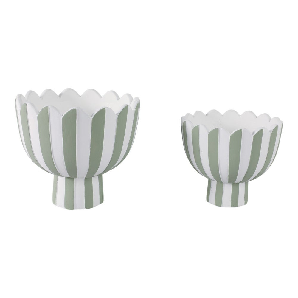 Outdoor Planters Set of 2 | Scallop Edge | Green & White Stripes | Cement