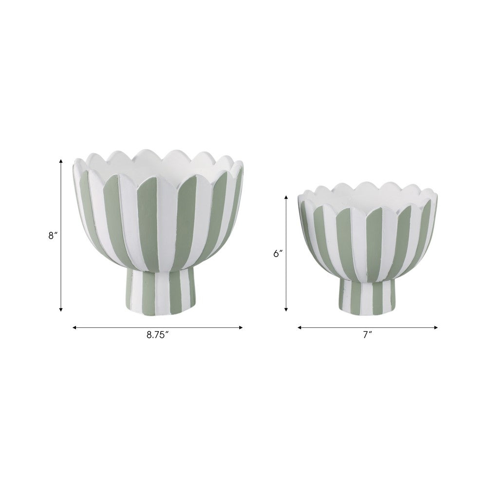 Outdoor Planters Set of 2 | Scallop Edge | Green & White Stripes | Cement