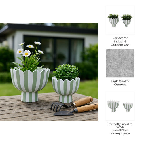 Outdoor Planters Set of 2 | Scallop Edge | Green & White Stripes | Cement