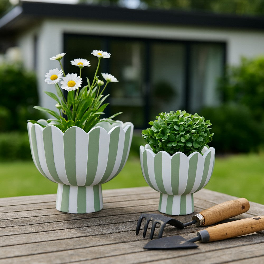 Outdoor Planters Set of 2 | Scallop Edge | Green & White Stripes | Cement