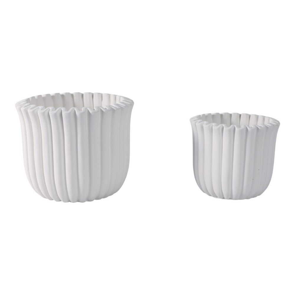 Fluted Planter Set of 2 | Modern Scalloped Edges | White Cement 6 8"