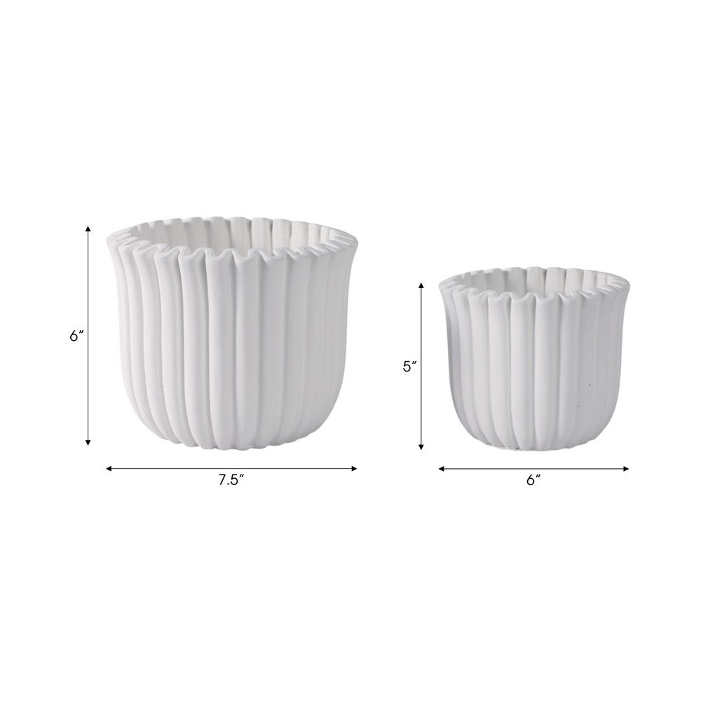 Fluted Planter Set of 2 | Modern Scalloped Edges | White Cement 6 8"