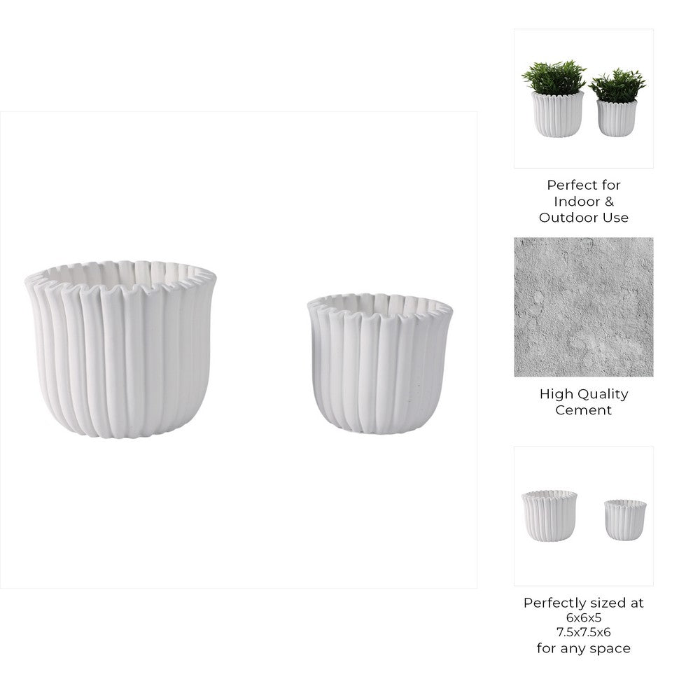 Fluted Planter Set of 2 | Modern Scalloped Edges | White Cement 6 8"
