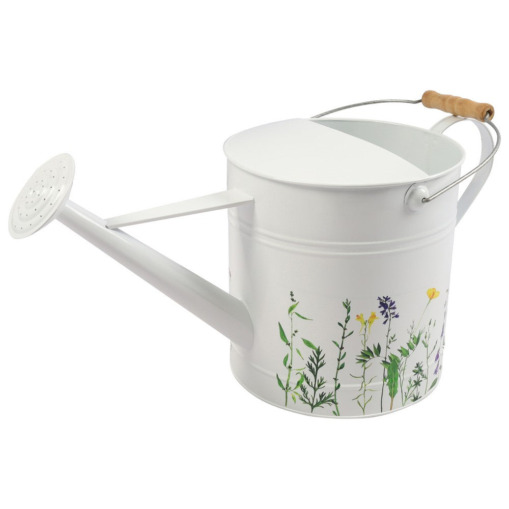 Decorative Watering Can | 10x20 | White Floral Print Metal with Wire Handle