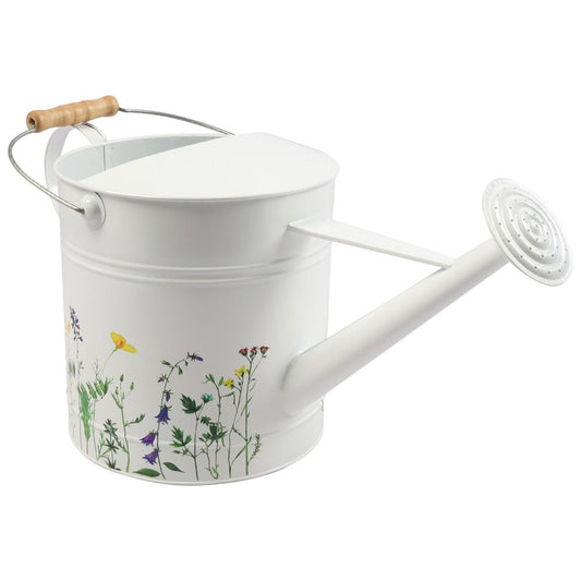 Decorative Watering Can | 10x20 | White Floral Print Metal with Wire Handle