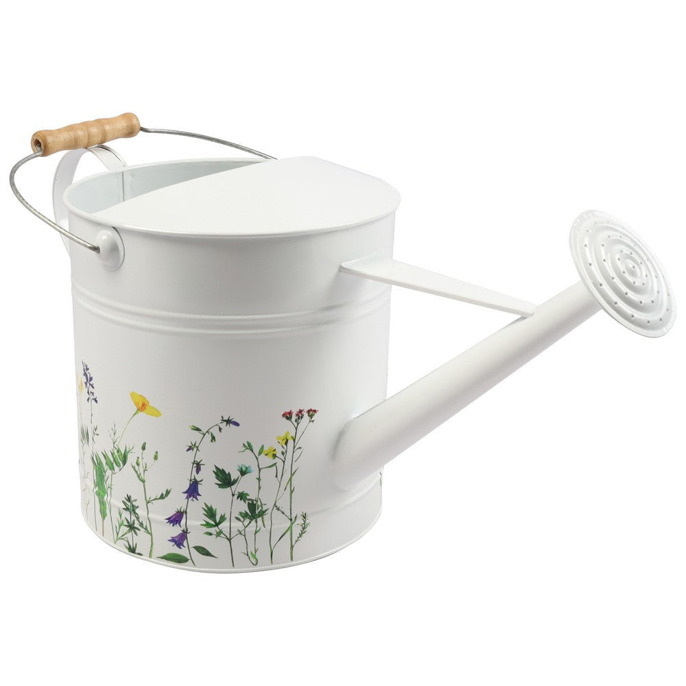 Decorative Watering Can | 10x20 | White Floral Print Metal with Wire Handle