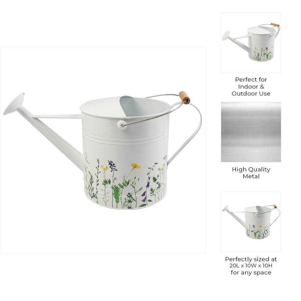 Decorative Watering Can | 10x20 | White Floral Print Metal with Wire Handle
