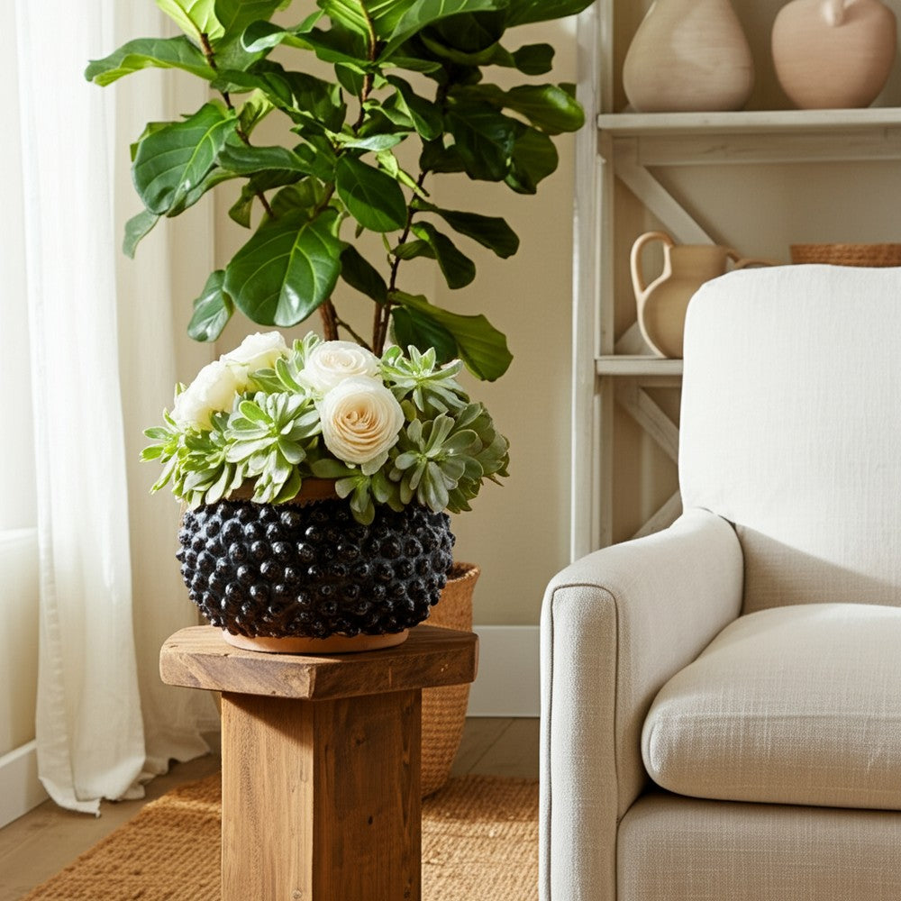 Outdoor Decorative Planter | 3D Textured Bubble | Black | 12" Wide Round