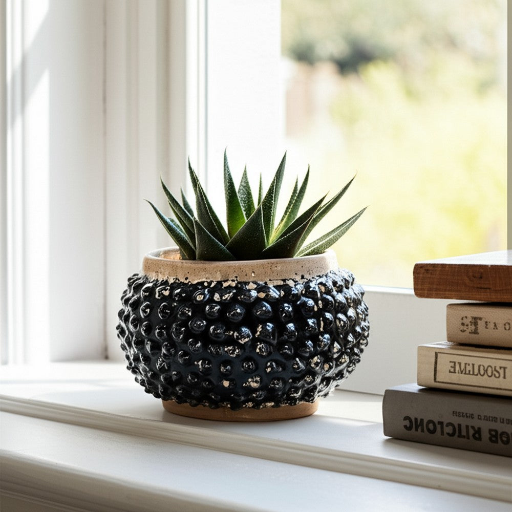 Outdoor Decorative Planter | 3D Textured Bubble | Black | 12" Wide Round