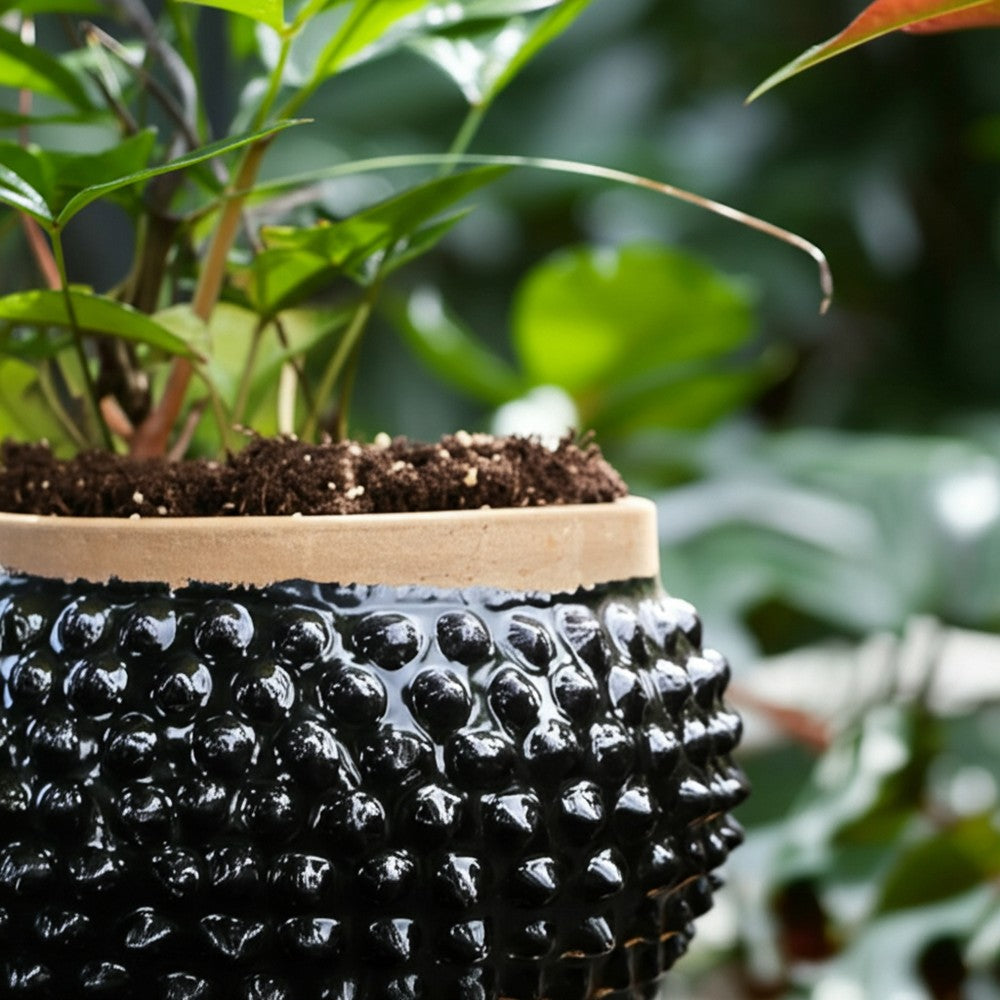 Outdoor Decorative Planter | 3D Textured Bubble | Black | 12" Wide Round
