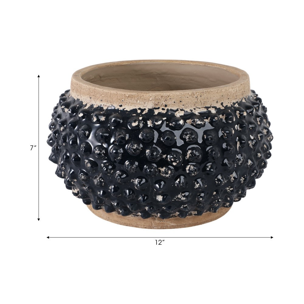 Outdoor Decorative Planter | 3D Textured Bubble | Black | 12" Wide Round