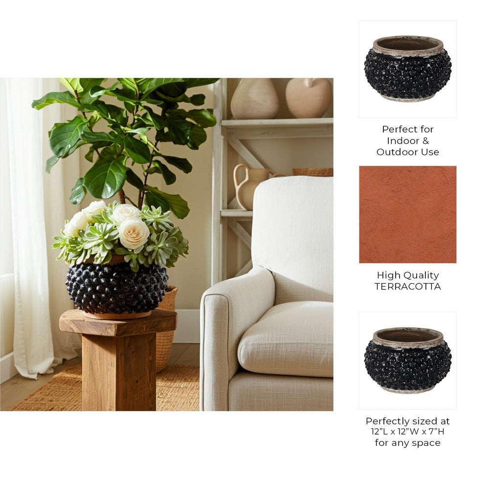 Outdoor Decorative Planter | 3D Textured Bubble | Black | 12" Wide Round