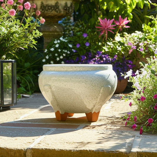 10" Outdoor Footed Planter | Round Shaped Speckled White Terracotta