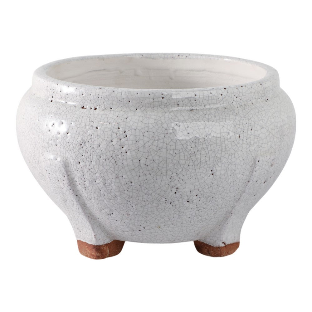 10" Outdoor Footed Planter | Round Shaped Speckled White Terracotta