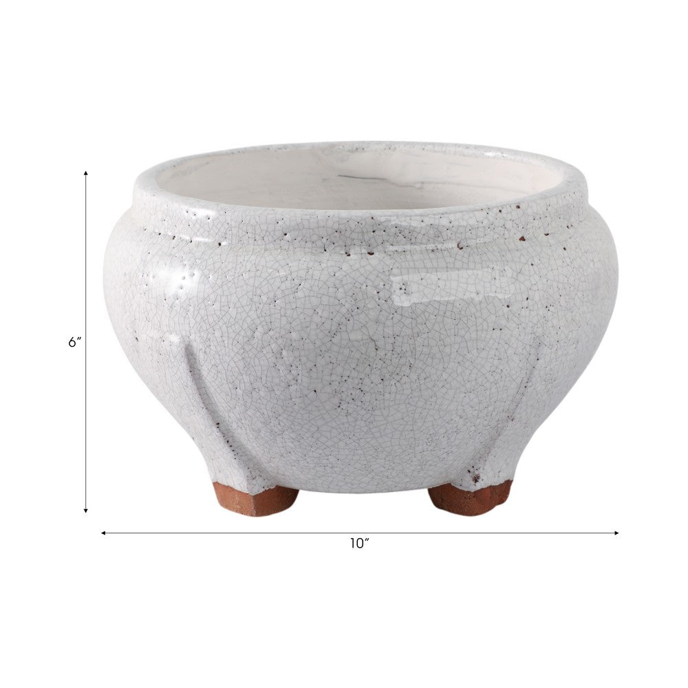 10" Outdoor Footed Planter | Round Shaped Speckled White Terracotta