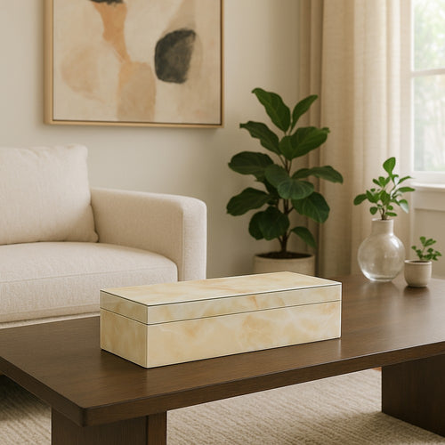 Trinket Box | Glass Top & Ivory Marble | Velvet Felt Lined | 17"