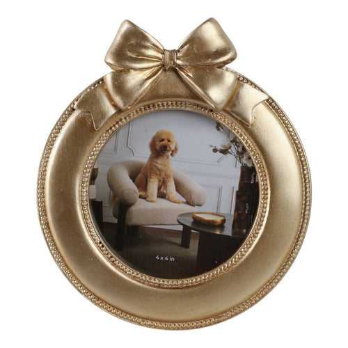 4x4 Photo Frame with Decorative Bow Design | 7" Vintage Oval Gold Resin