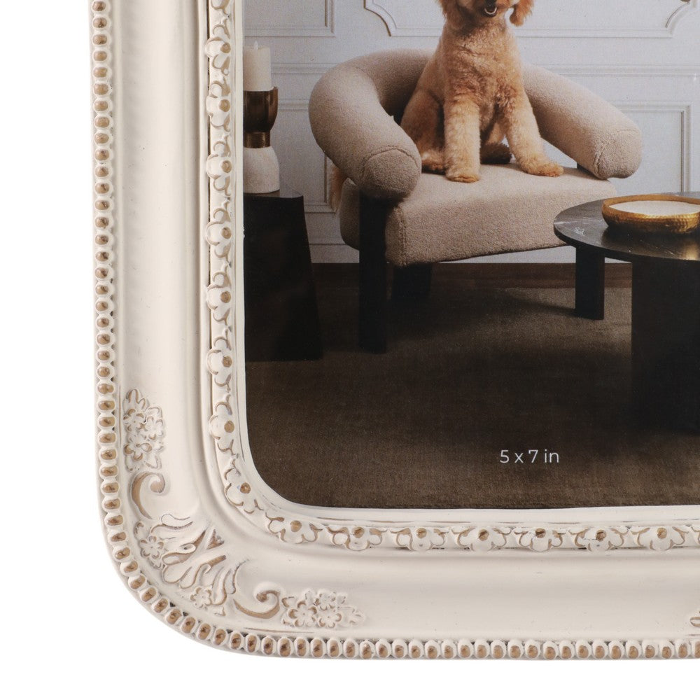 Ural 5x7 Photo Frame | Carved Floral Motifs Beaded Edges | Ivory Resin
