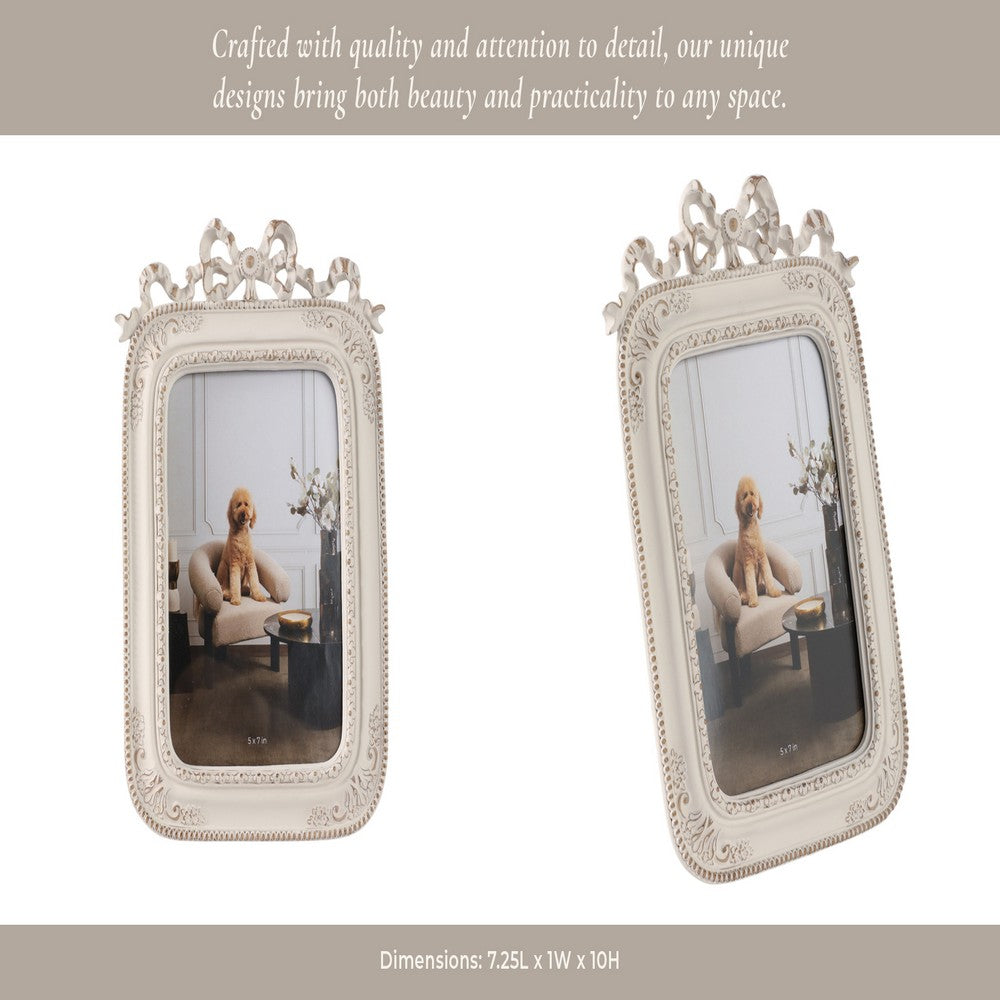 Ural 5x7 Photo Frame | Carved Floral Motifs Beaded Edges | Ivory Resin