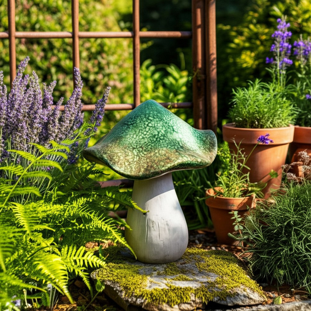 Outdoor Decor Garden Mushroom Statuary | 16" Green White Resin