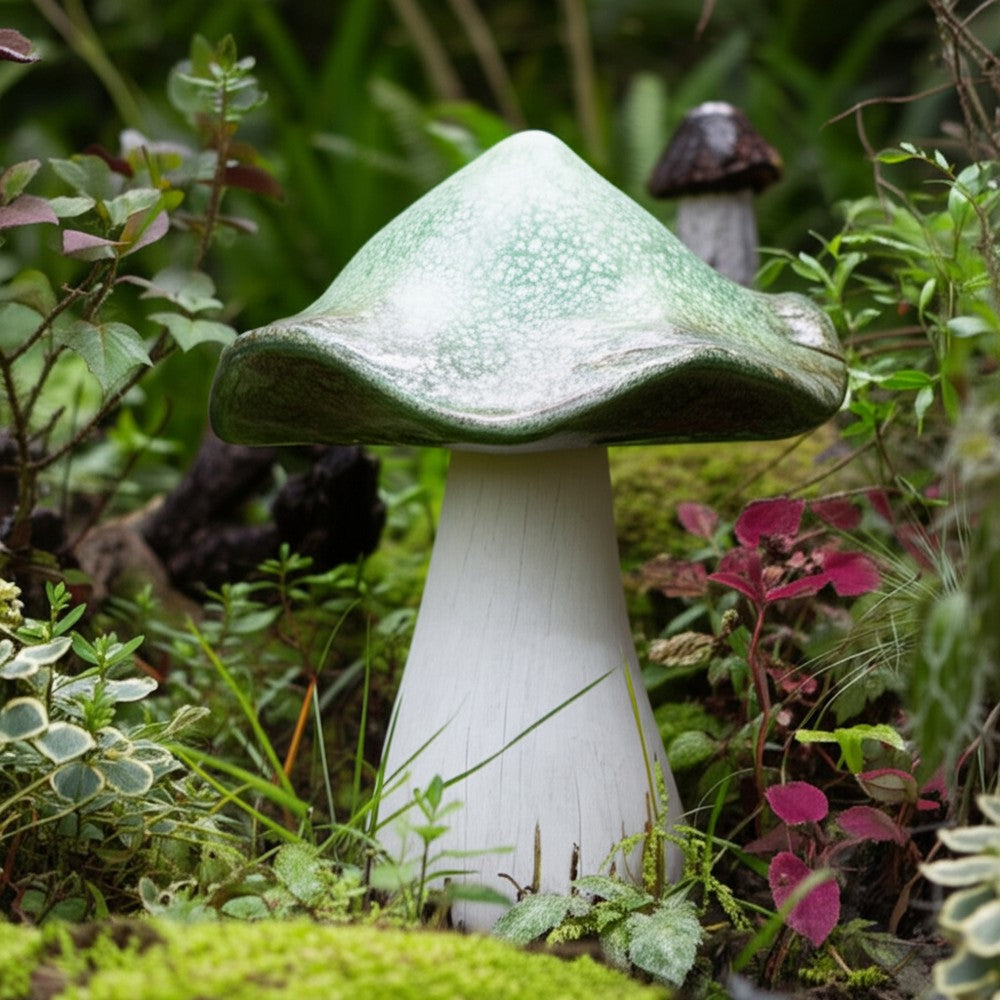 Outdoor Decor Garden Mushroom Statuary | 16" Green White Resin