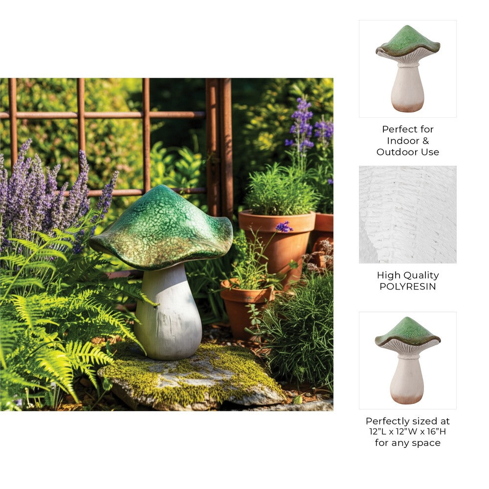 Outdoor Decor Garden Mushroom Statuary | 16" Green White Resin