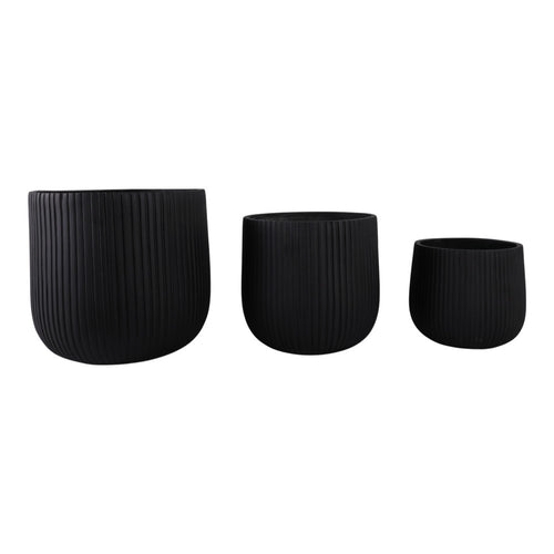 Mackz Set of 3 Round Planters | Vertical Ribbed Black Resin | 11,14,18"