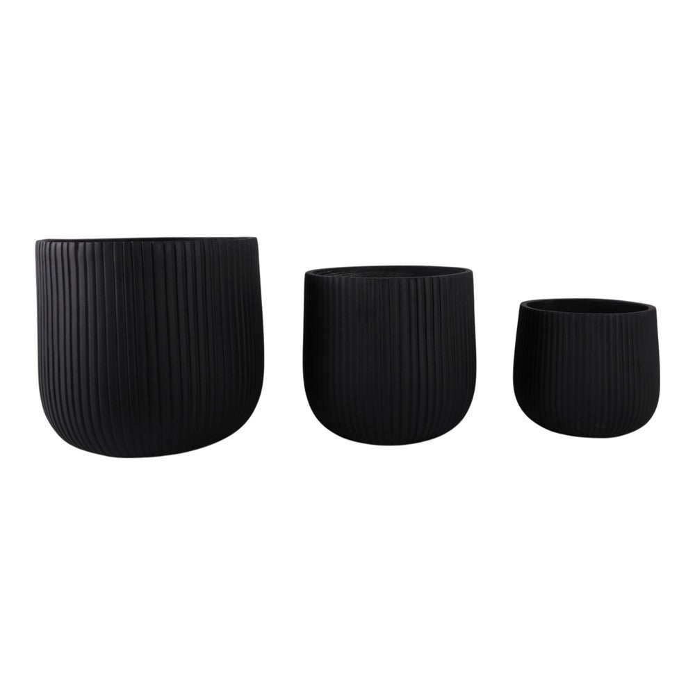Mackz Set of 3 Round Planters | Vertical Ribbed Black Resin | 11,14,18"