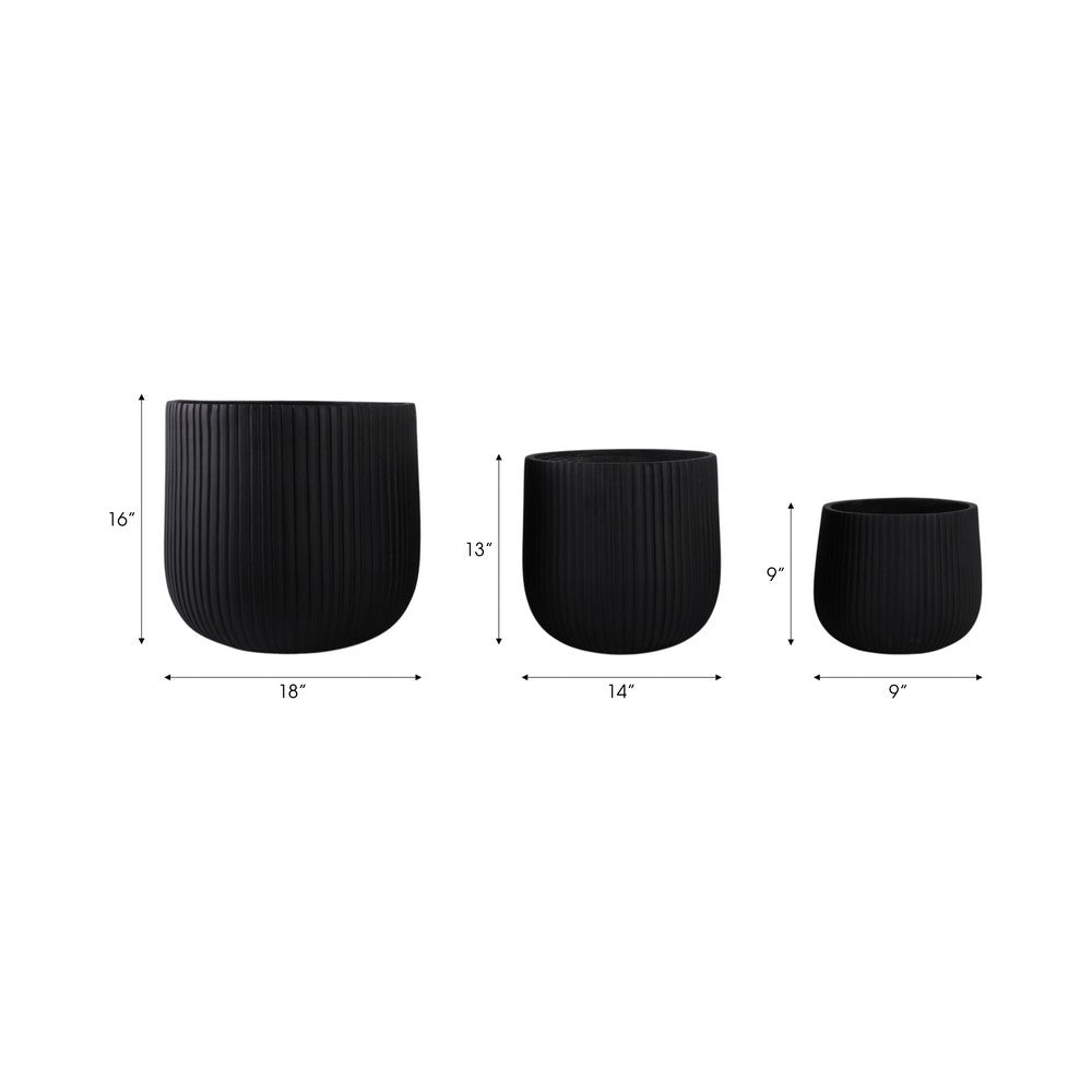 Mackz Set of 3 Round Planters | Vertical Ribbed Black Resin | 11,14,18"
