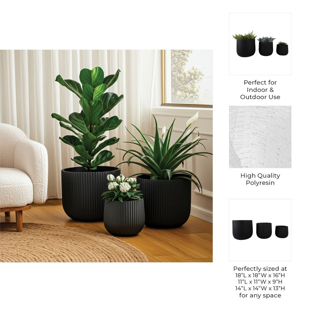 Mackz Set of 3 Round Planters | Vertical Ribbed Black Resin | 11,14,18"