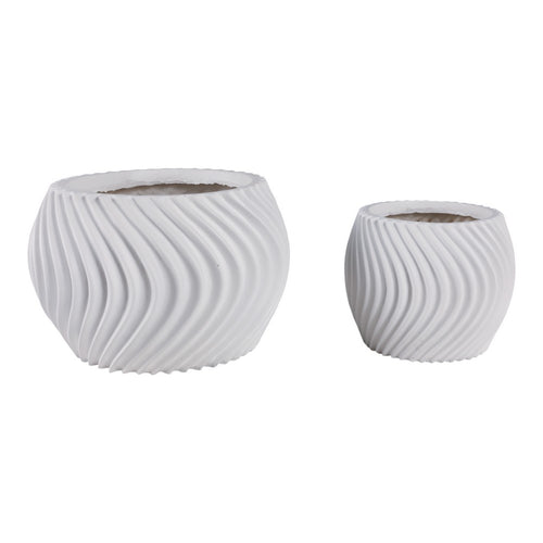 Kime Planter Set of 2 | Deep Sculpted Ribbed Wave Pattern | White | 8,12"