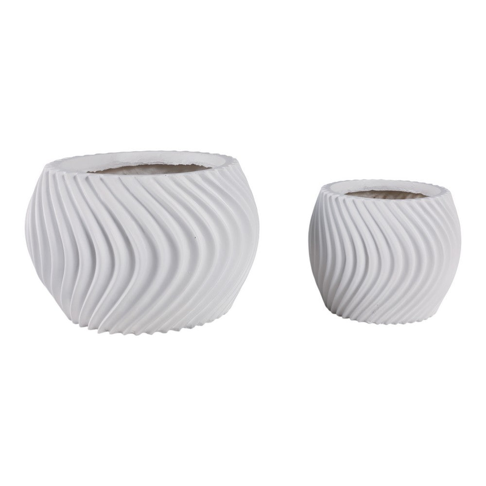 Kime Planter Set of 2 | Deep Sculpted Ribbed Wave Pattern | White | 8,12"