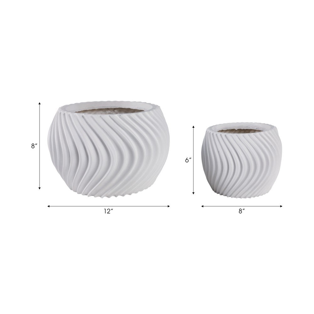 Kime Planter Set of 2 | Deep Sculpted Ribbed Wave Pattern | White | 8,12"