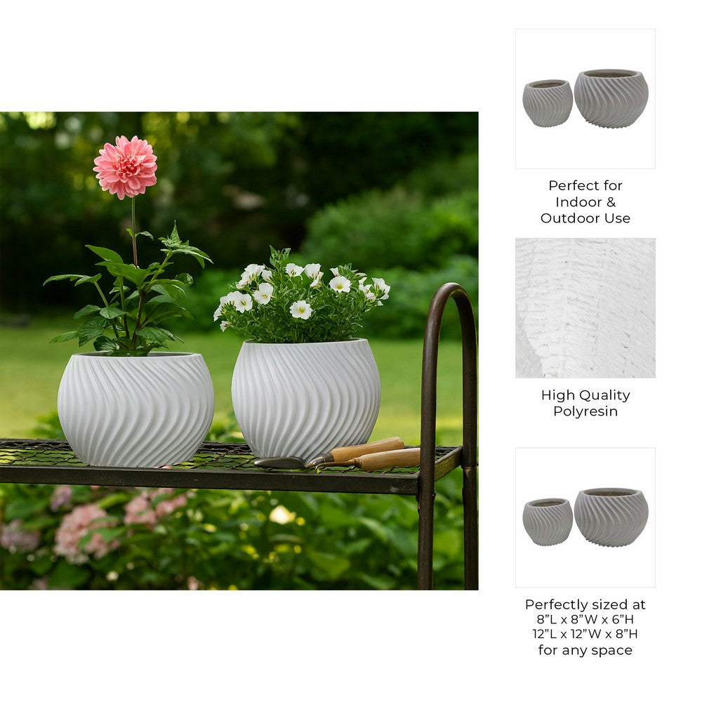 Kime Planter Set of 2 | Deep Sculpted Ribbed Wave Pattern | White | 8,12"