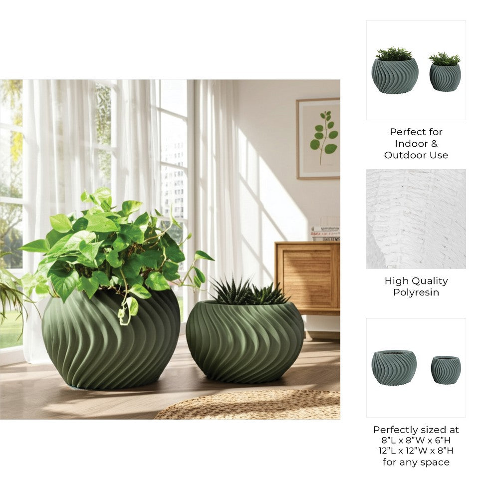 Kime Outdoor Planter Set of 2 | Sculpted Ribbed Wave Pattern | Sage Green