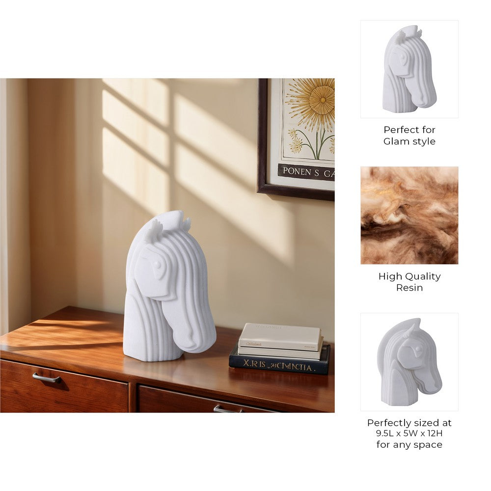 Orany Modern Horse-Head Sculpture | Carved Details | White Resin 12"