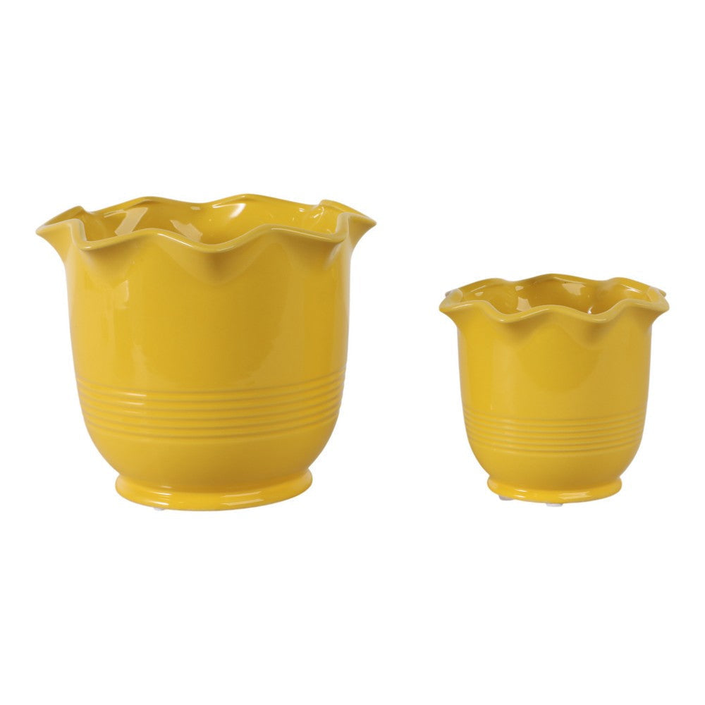Ceramic Planter Set of 2 | Floral Wavy Rim & Ribbed Texture | Bright Yellow SBH-22203-02