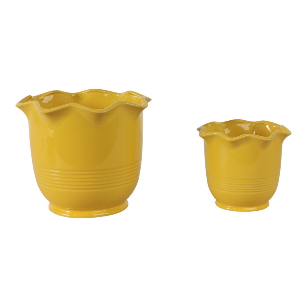 Ceramic Planter Set of 2 | Floral Wavy Rim & Ribbed Texture | Bright Yellow