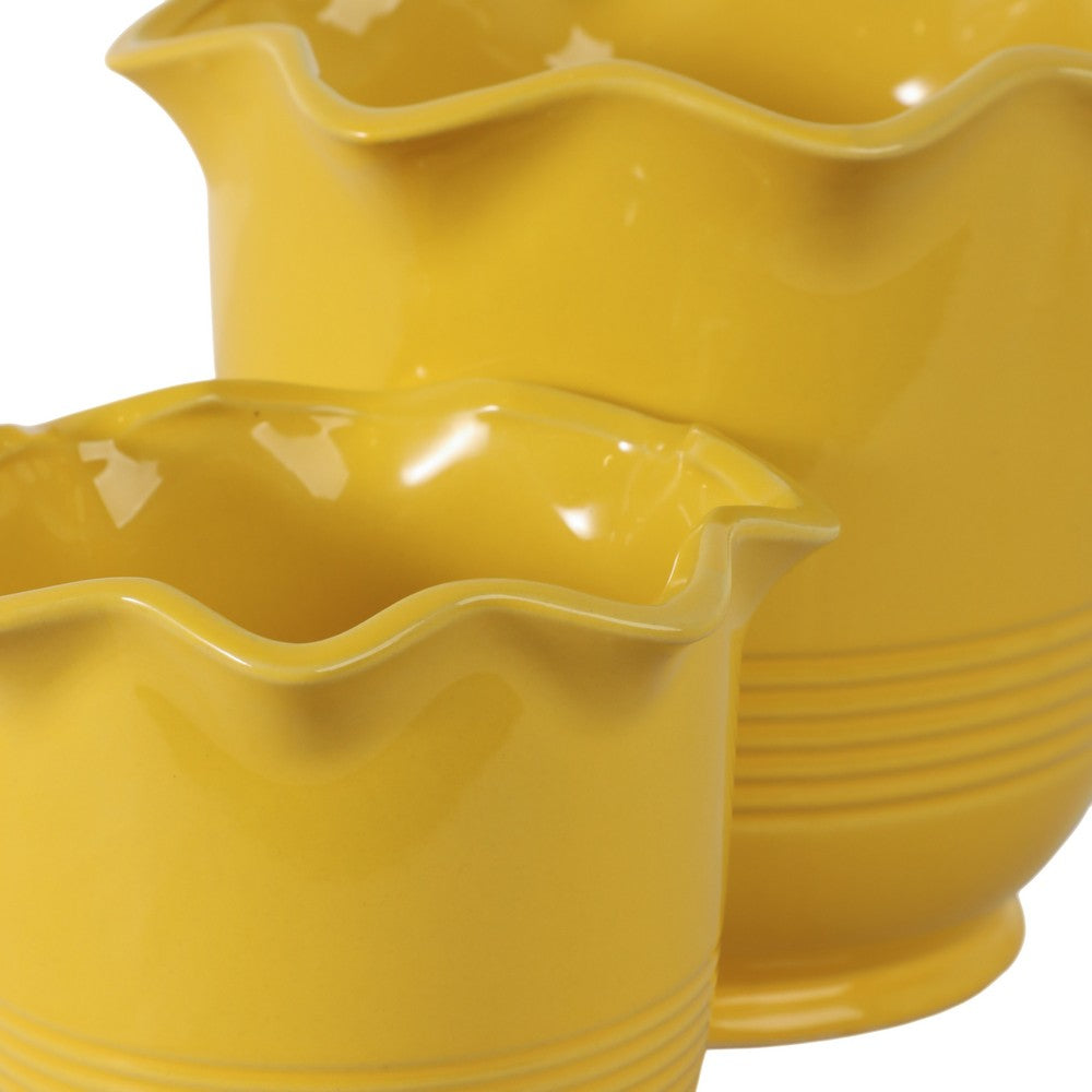 Ceramic Planter Set of 2 | Floral Wavy Rim & Ribbed Texture | Bright Yellow