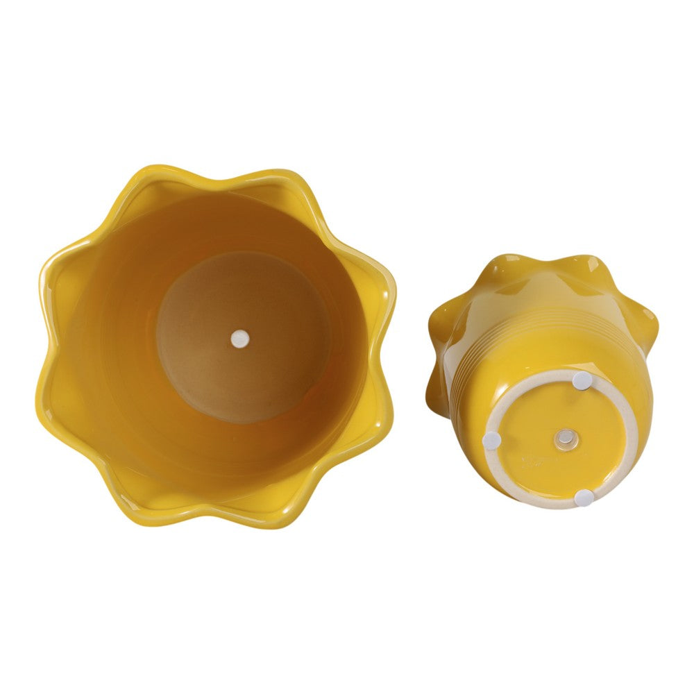 Ceramic Planter Set of 2 | Floral Wavy Rim & Ribbed Texture | Bright Yellow