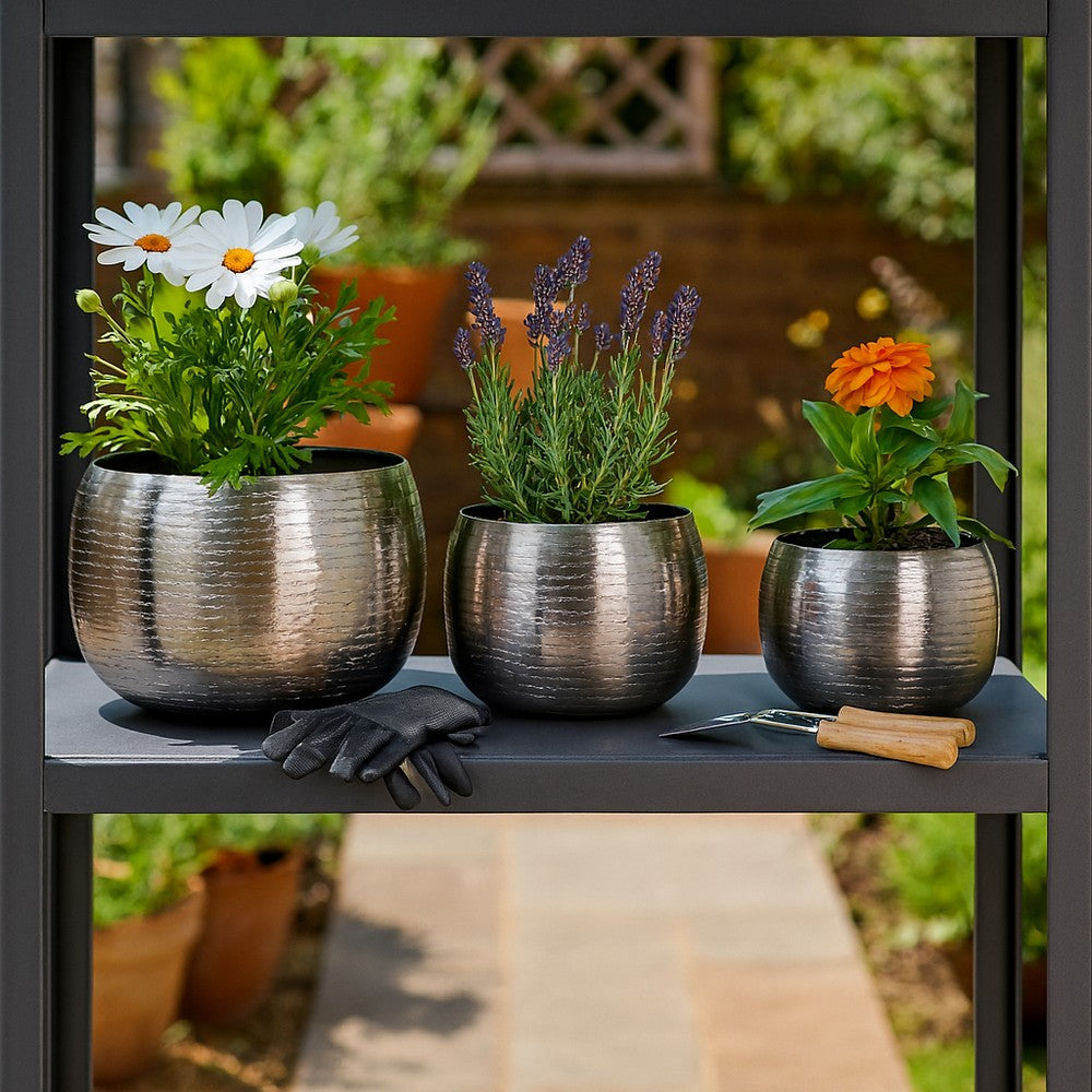 3pc Outdoor Garden Planters | Silver Hammered Finish | 9 | 12 | 14"
