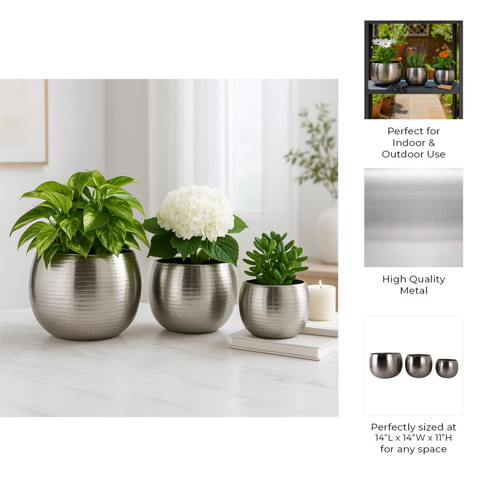 3pc Outdoor Garden Planters | Silver Hammered Finish | 9 | 12 | 14"