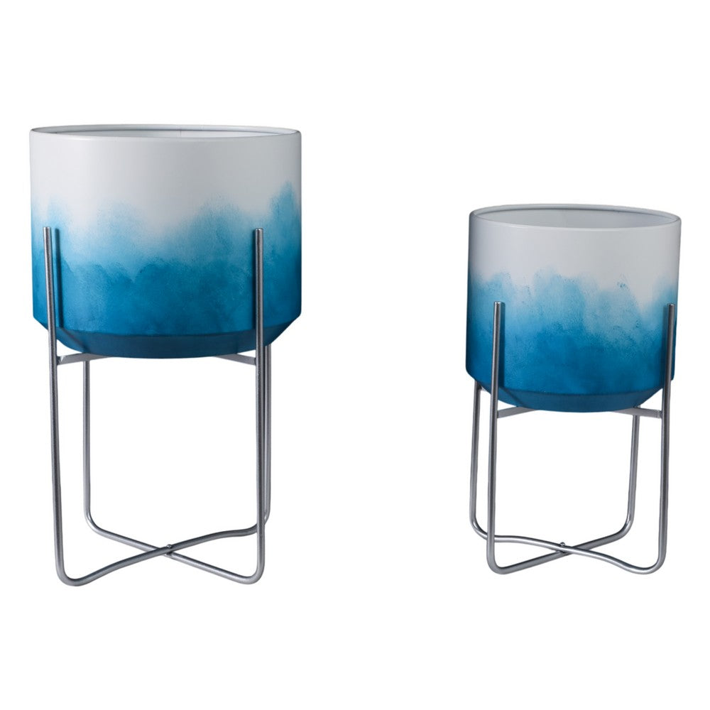 Planter on Stand Set of 2 | Raised Design | Blue & White Gradient | Iron