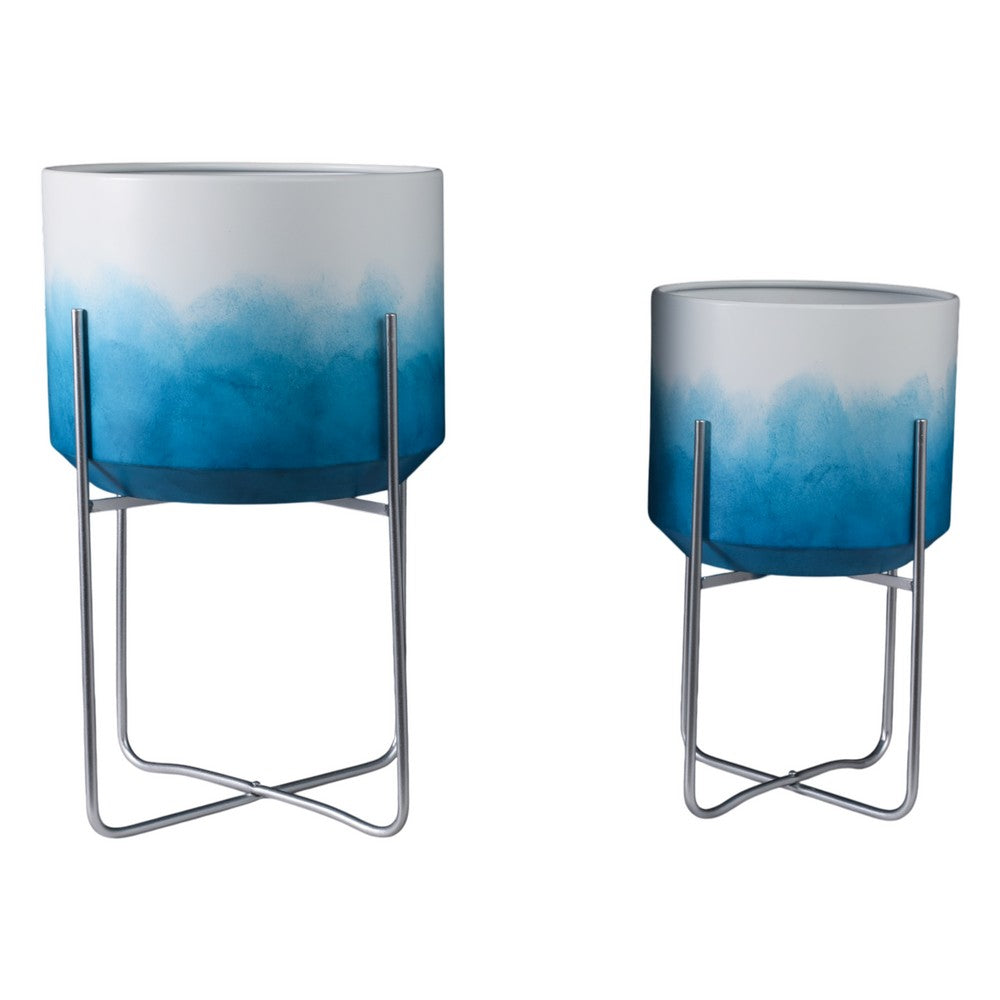 Planter on Stand Set of 2 | Raised Design | Blue & White Gradient | Iron